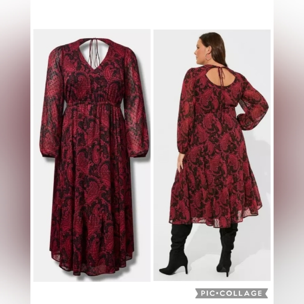Torrid Tea Length Clip Dot Open Back Midi Dress Red Black Paisley Size 3X